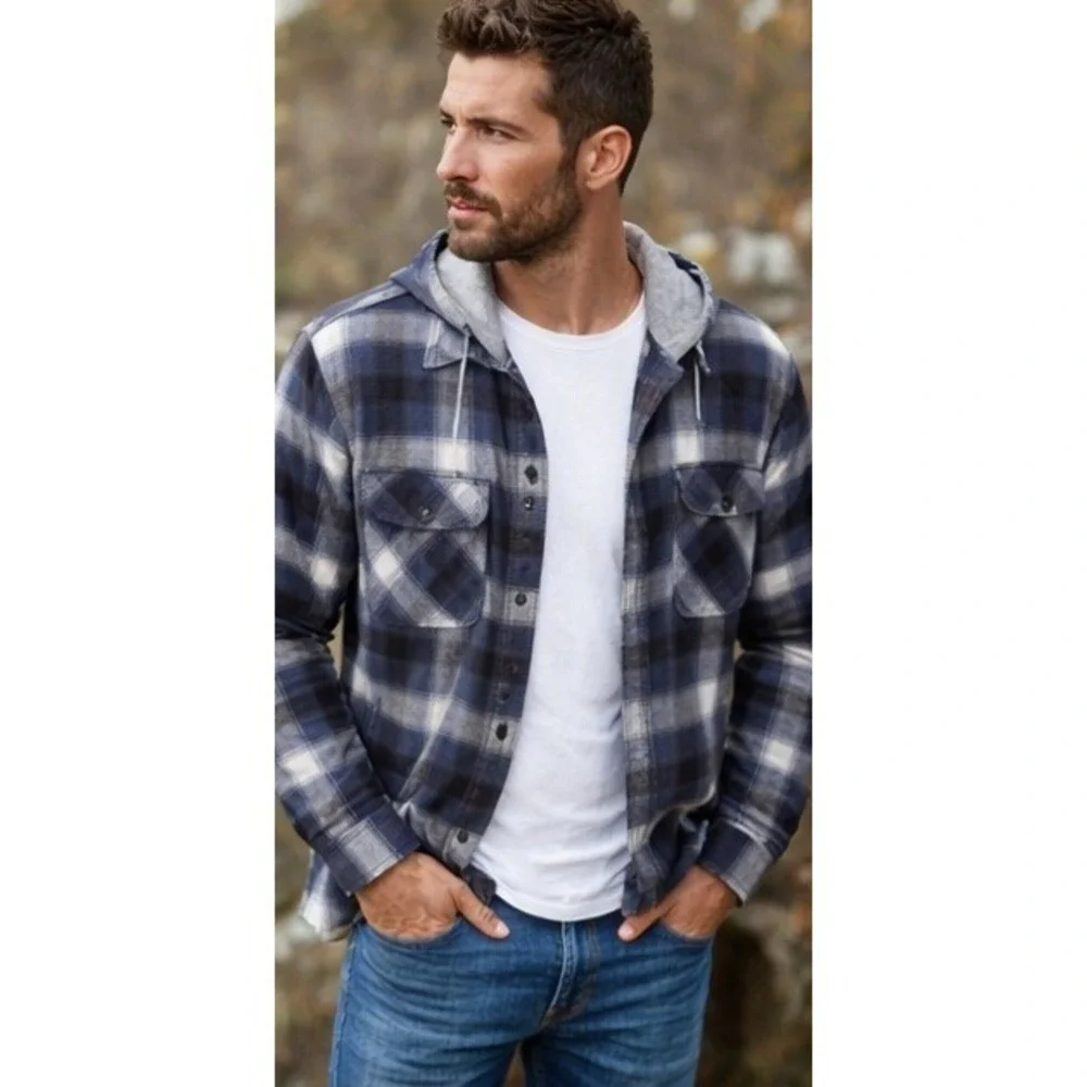WRANGLER Authentics Plaid Hooded Jacket Large‎ Blue Gray Flannel